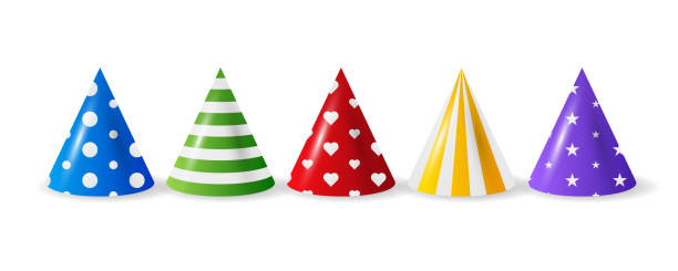 istock Cartoon illustration with different birthday hat on white background for any purpose. Birthday hat in realistic style on blue background. Festive set isolated. 1290736151