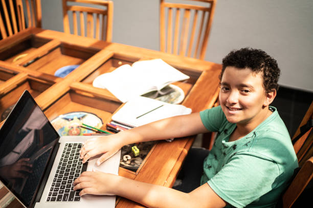 istock Portrait of boy studying at home 1290737106