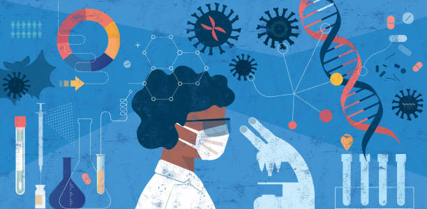 ilustraciones, imágenes clip art, dibujos animados e iconos de stock de mujer científica investigando covid-19 concepto - laboratorio farmaceutico
