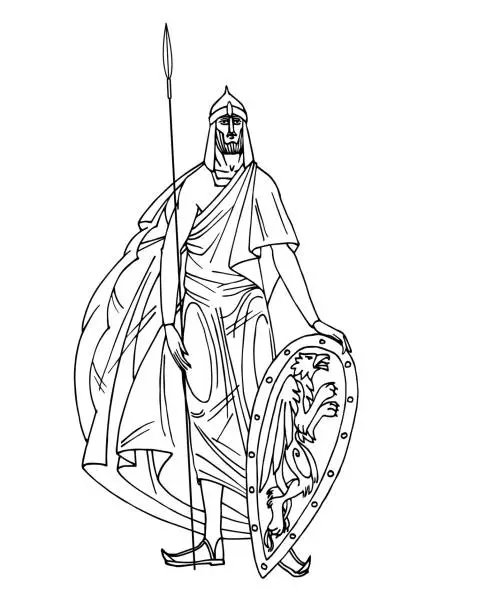 Vector illustration of Russian medieval knight in armor & cloak, ancient warrior, spearmen with shield