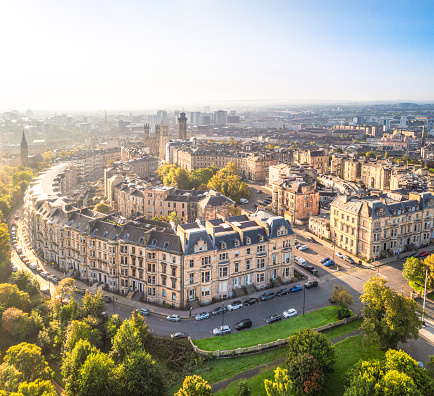 A view from the air of the townhouses and flats of Glasgow's Park District, located next to Kelvingrove Park in the city's West End.