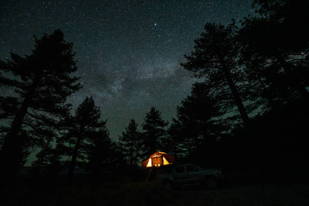 caminhão acampando com via láctea e floresta na terra blm perto de mammoth lakes, califórnia - mammoth - fotografias e filmes do acervo