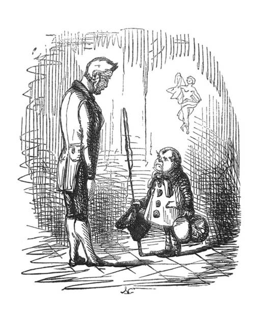 istock British satire cartoon caricatures illustrations - very small man holding a hat and horse whip looking up at a very tall man 1290740932