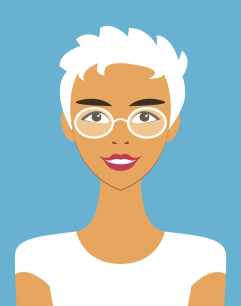 portrait of a cute smiling girl Vector portrait of a cute smiling girl with glasses with short white hair in a t-shirt close-up isolated woman portrait short hair stock illustrations