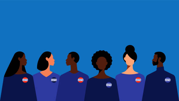 The presidential election of 2020. American citizens with different skin colors, gender, and age. People with the "VOTE" pin on their clothes. The concept of choice, voting, and solidarity. The presidential election of 2020. American citizens with different skin colors, gender, and age. People with the "VOTE" pin on their clothes. The concept of choice, voting, and solidarity. counting votes stock illustrations