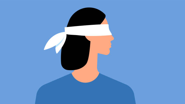 Woman with white blindfold. Woman with a white blindfold. Silhouette of a blindfolded woman. A symbol of ignorance, disbelief and distrust. Vector illustration in modern flat style. ignorant stock illustrations
