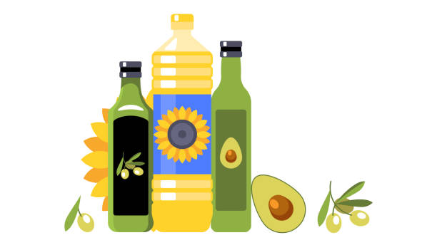 ilustraciones, imágenes clip art, dibujos animados e iconos de stock de aceite vegetal. tres tipos de aceite vegetal para cocinar: aceite de girasol, oliva y aguacate. tres botellas diferentes. ilustración vectorial. - salad dressing condiment cooking oil glass