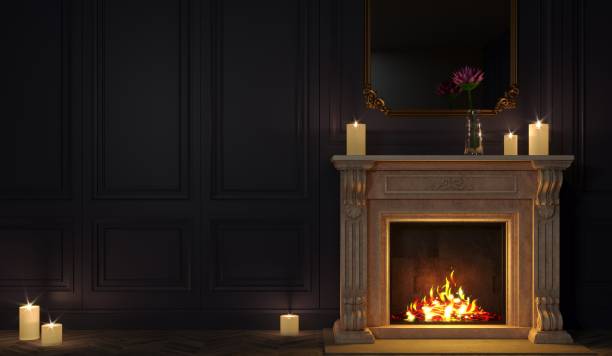 istock Classic fireplace in a vintage night room 1290744478