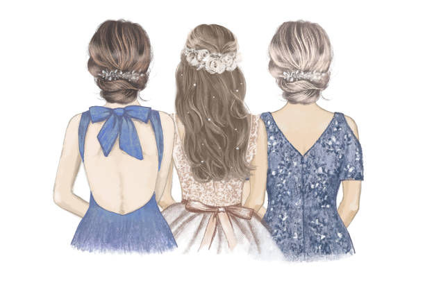 Bride with her Sister and Mom side by side. Hand drawn illustration Bride with her Sister and Mom side by side. Hand drawn illustration. bride illustrations stock illustrations