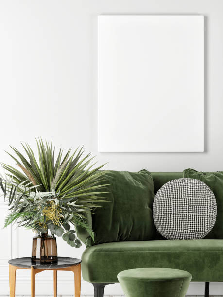 affiche de maquette avec le sofa vert, décoration à la maison, intérieur vintage de livingroom. - 2650 photos et images de collection