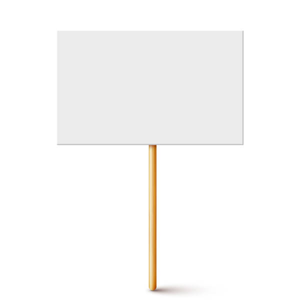 istock Blank protest sign with wooden holder. Realistic vector demonstration banner. Strike action cardboard placard mockup 1290754804