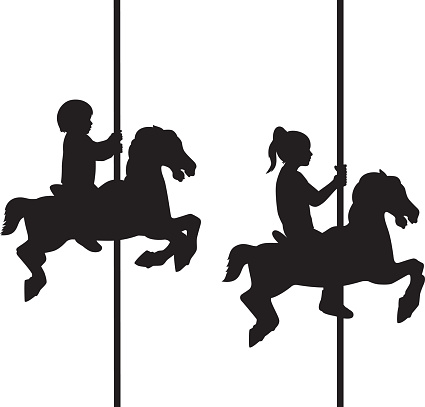 Vector silhouettes of two children riding horses on a carousel.