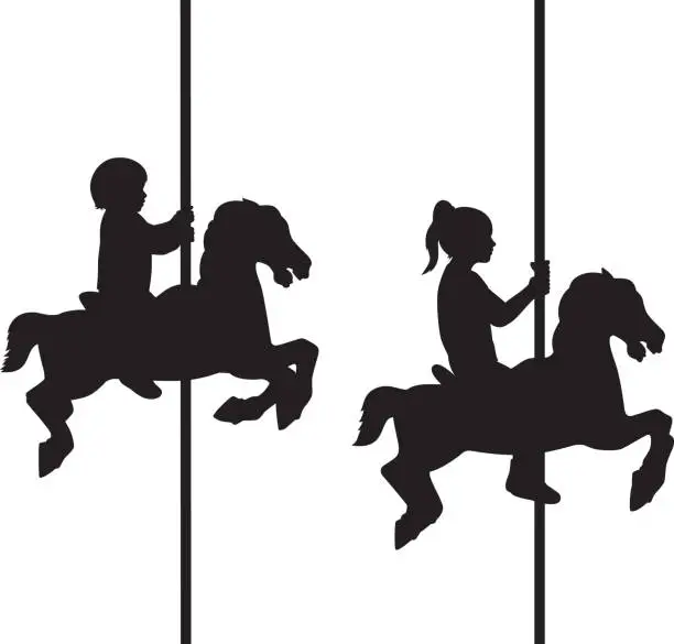 Vector illustration of Kids on Carousel Silhouettes