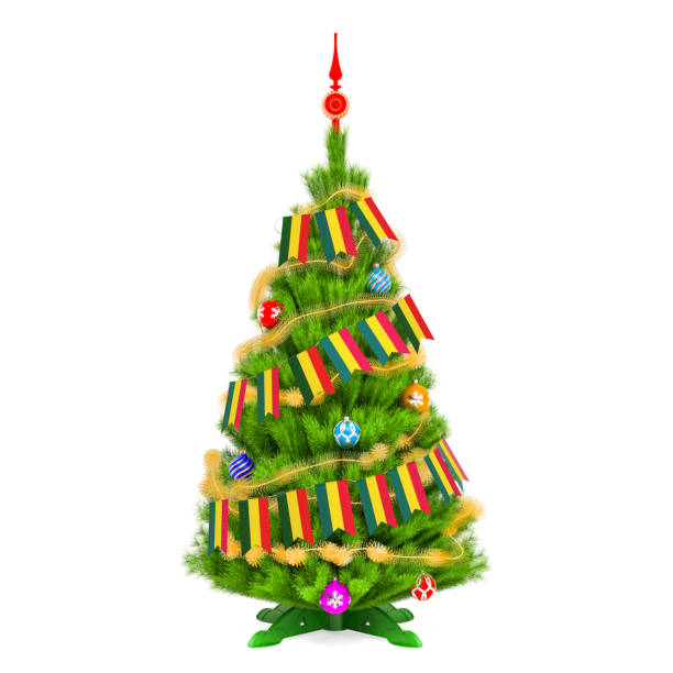 Christmas tree with Bolivian Xmas pennant flags, 3D rendering isolated on white background