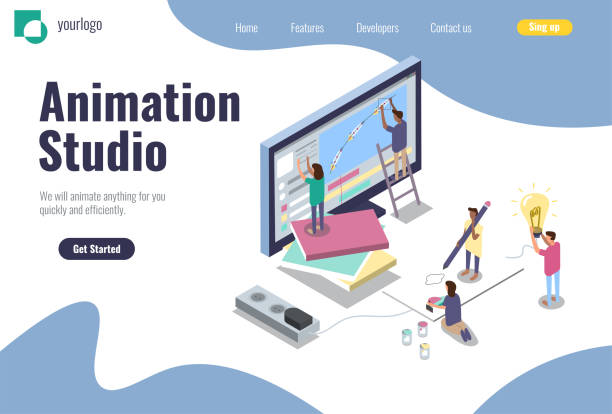 Landing page for animation studio and motion designers. Landing page for animation studio and motion designers. Isometric flat vector illustration for design of an app, homepage website, banner. Animators concept easy to customize animator stock illustrations