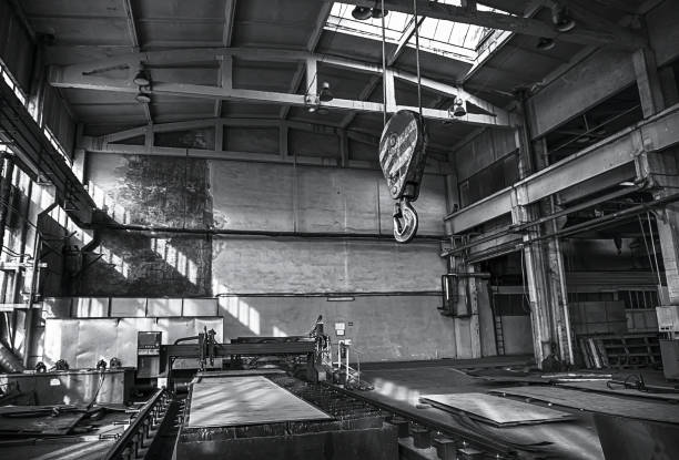 Factory with industrial machinery. Black and white view. Horizontal view