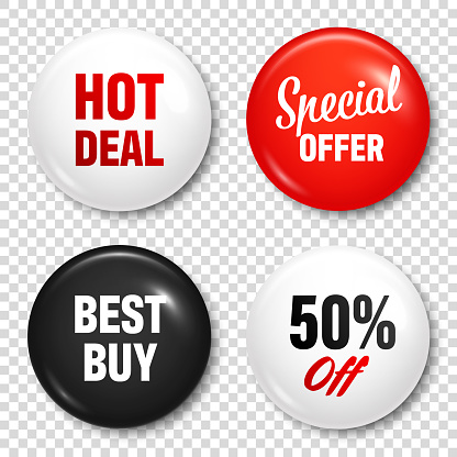 Realistic badges with text. Product promotion, sale. Special offer. Glossy round button. Pin badge mockup. Vector illustration