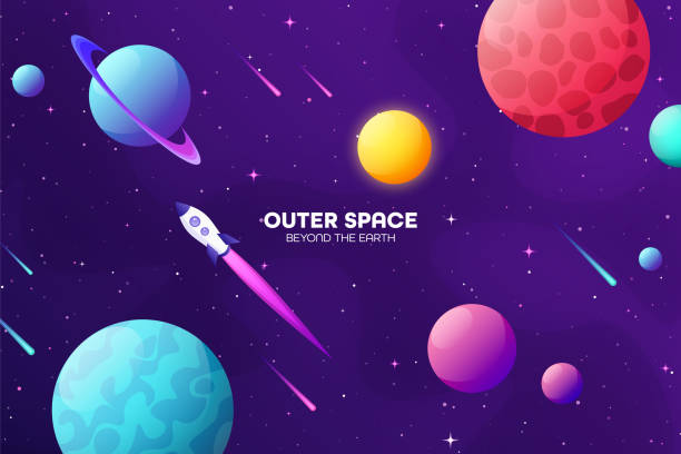 Space futuristic modern colorful background with rocket. Starship, spaceship in night sky. Solar system, galaxy and universe exploration. Vector illustration Space futuristic modern colorful background with rocket. Starship, spaceship in night sky. Solar system, galaxy and universe exploration. Vector illustration rocketship borders stock illustrations