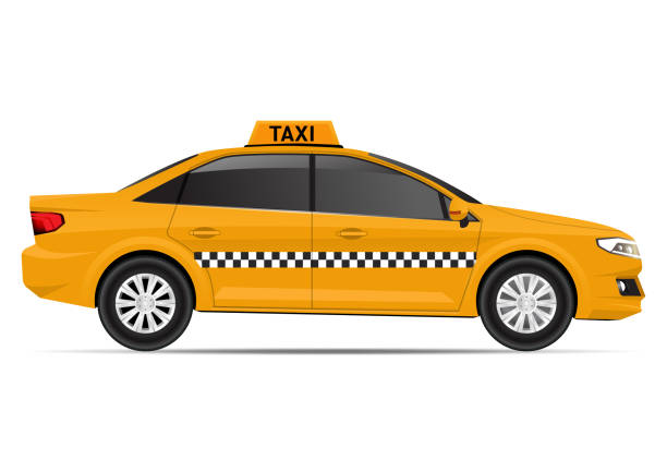 illustrazioni stock, clip art, cartoni animati e icone di tendenza di vista realistica sul lato dell'auto taxi gialla - taxi