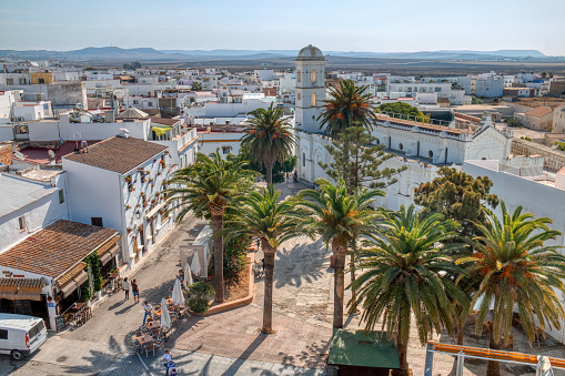 Conil de la Frontera, Cádiz, Spain - October 12, 2019: A square in Conil de la Frontera, view from above