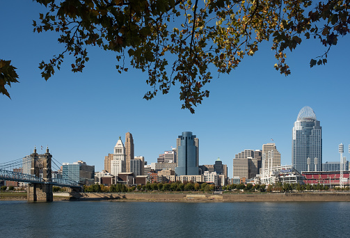 horizontal photograph of Downtown Cincinnati Ohio on a Sunny Day with the Ohio River in the Foreground