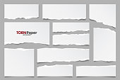 White ripped paper strips collection. Realistic paper scraps with torn edges. Sticky notes, shreds of notebook pages. Vector illustration