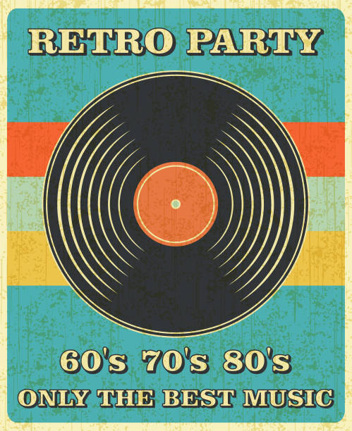 ilustrações de stock, clip art, desenhos animados e ícones de retro music and vintage vinyl record poster in retro desigh style. disco party 60s, 70s, 80s. - vintage music