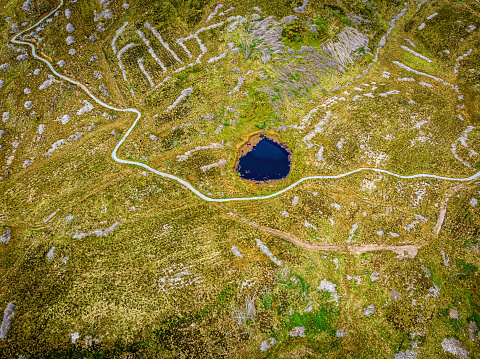 Aerial view of the Storr, a rocky hill on the Trotternish peninsula of the Isle of Skye in Scotland, UK