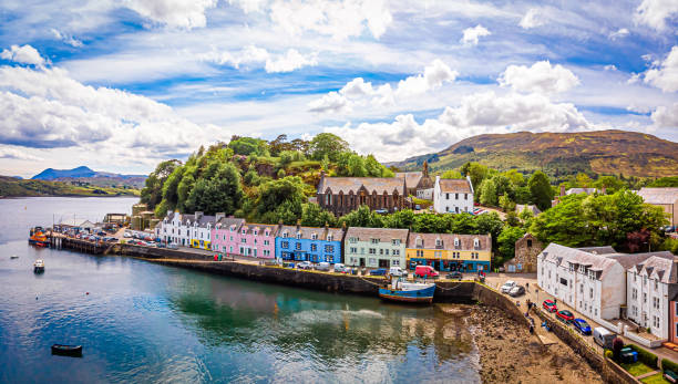 Aerial view of Portree, Isle of Skye, Scotland Aerial view of Portree, Isle of Skye, Scotland, UK isle of skye stock pictures, royalty-free photos & images
