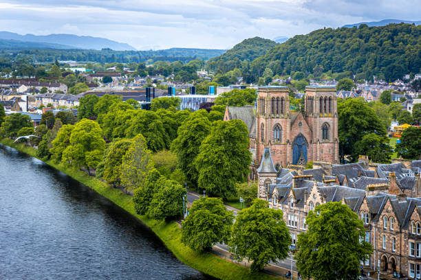 View of Inverness, a city on Scotland's northeast coast, where the River Ness meets the Moray Firth. It's the largest city and the cultural capital of the Scottish Highlands View of Inverness, a city on Scotland's northeast coast, where the River Ness meets the Moray Firth. It's the largest city and the cultural capital of the Scottish Highlands, UK scotland stock pictures, royalty-free photos & images