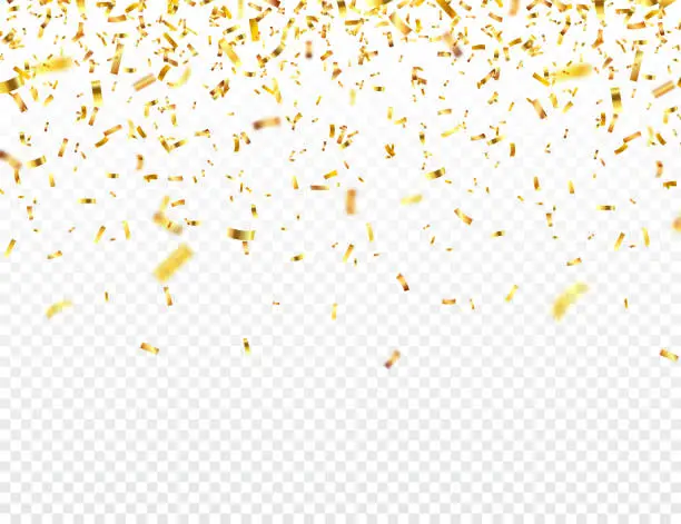 Vector illustration of Christmas golden confetti. Falling shiny glitter in gold color. New year, birthday, valentines day design element. Holiday background