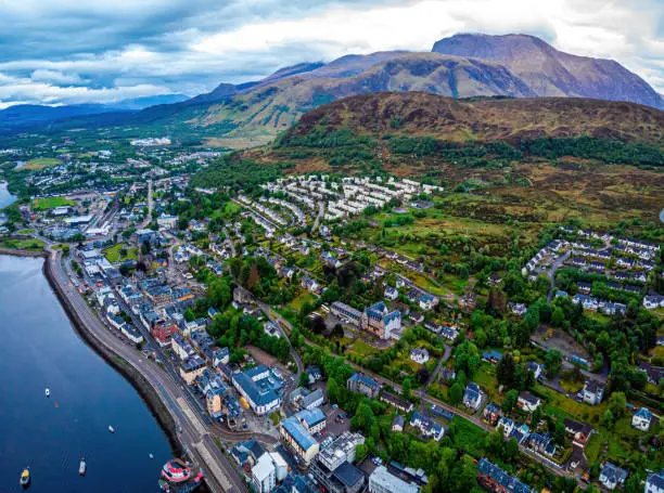 Photo of Aerial view of Fort William, a town in the western Scottish Highlands, on the shores of Loch Linnhe, known as a gateway to Ben Nevis