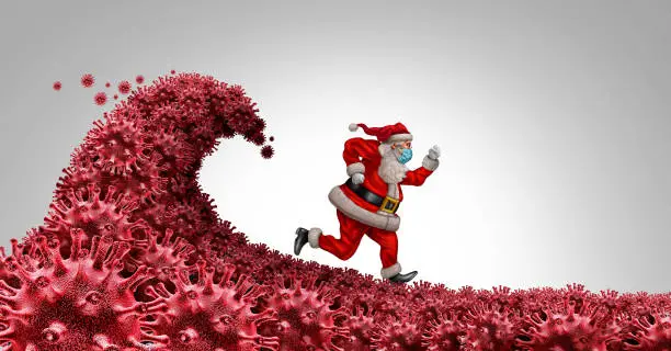 Santa Claus wearing a face mask running away from the virus as a Christmas season symbol for health and healthcare disease prevention as medical equipment preventing disease in a 3D illustration style.