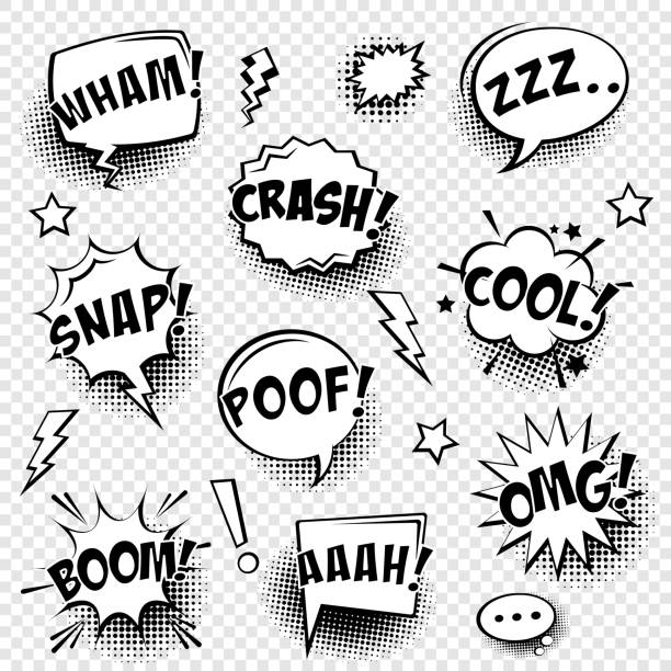 Comic speech bubbles with halftone shadow and text phrase. Vector hand drawn retro cartoon stickers. Pop art style Comic speech bubbles with halftone shadow and text phrase. Vector hand drawn retro cartoon stickers. Pop art style angry clouds stock illustrations