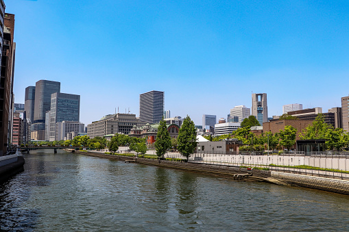 Cityscape of Nakanoshima seen from the bridge over Tosabori River, Osaka