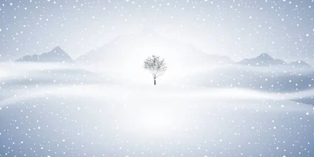 Vector illustration of Minimalistic winter landscape. Snowy hill and one tree.