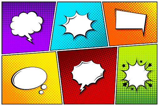 Cartoon comic backgrounds set. Speech bubble. Comics book colorful poster with halftone elements. Retro Pop Art style. Vector illustration