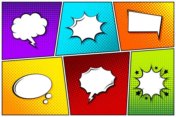 Vector illustration of Cartoon comic backgrounds set. Speech bubble. Comics book colorful poster with halftone elements. Retro Pop Art style. Vector illustration