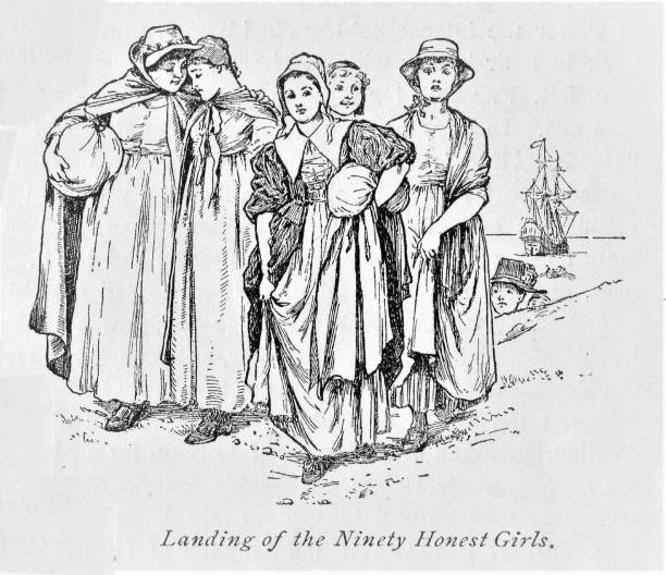 angielski brides dla amerykańskich kolonistów - engraving women engraved image british culture stock illustrations