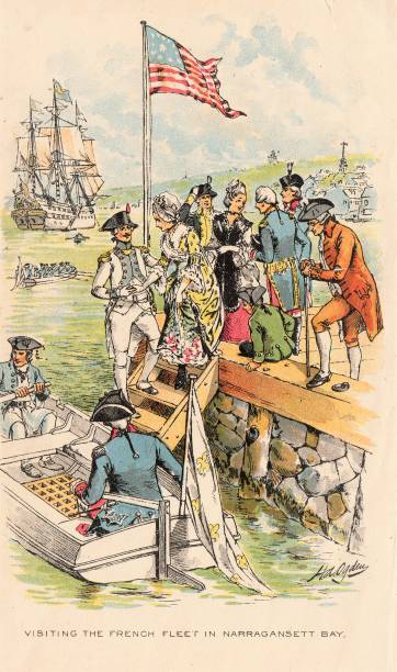 Women and men visit a French ship in Narragansett Bay in the 17th Century. Illustration published in The New Eclectic History of the United States by M. E. Thalheimer (American Book Company; New York, Cincinnati, and Chicago) in 1881 and 1890. Copyright expired; artwork is in Public Domain.