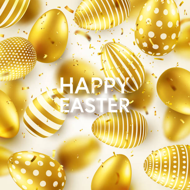 istock Easter golden egg with confetti and calligraphic lettering, greetings. Traditional spring holidays in April or March. Sunday. Eggs and gold 1290788603