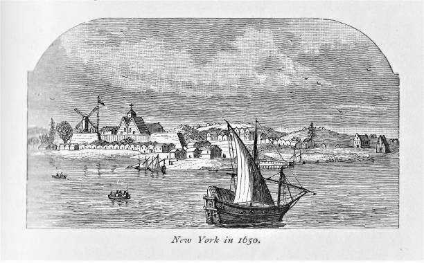 ilustrações de stock, clip art, desenhos animados e ícones de new york in 1650, colonial america - 17th century style