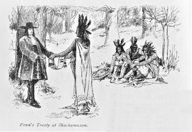 William Penn Treaty with Native Americans, Colonial America Pennsylvania Founder William Penn receives a gift from Native American Lenni Lenape Chief. Illustration published in The New Eclectic History of the United States by M. E. Thalheimer (American Book Company; New York, Cincinnati, and Chicago) in 1881 and 1890. Copyright expired; artwork is in Public Domain. treaty stock illustrations