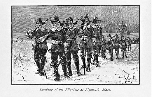 English Pilgrims, called Puritans, colonized Plymouth, Massachusetts, in 1620. Pilgrims escaped religious persecution in England. Illustration published in The New Eclectic History of the United States by M. E. Thalheimer (American Book Company; New York, Cincinnati, and Chicago) in 1881 and 1890. Copyright expired; artwork is in Public Domain.