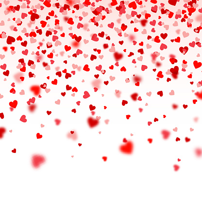 Valentines Day Falling Red Blurred Hearts On White Background. Heart Shaped Paper Confetti. February 14 Greeting Card
