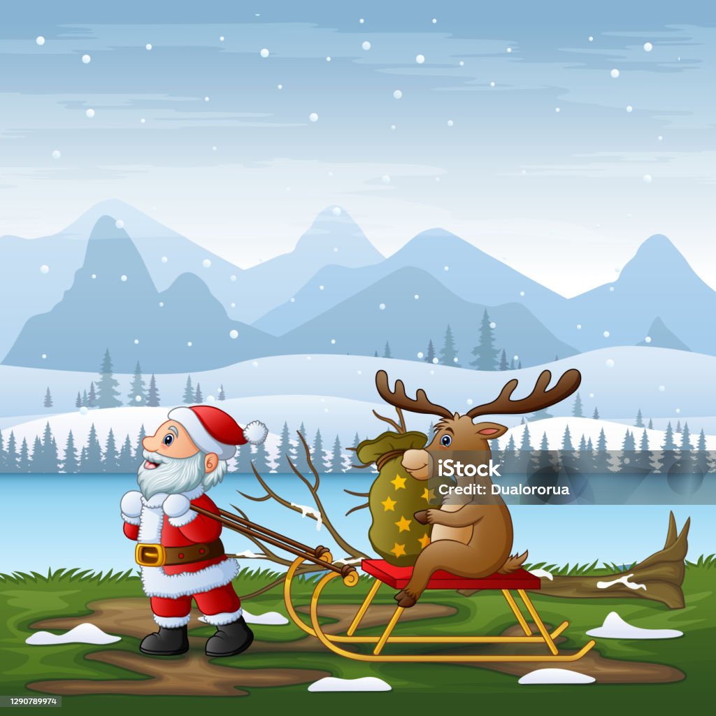 Cartoon Santa Claus Pulling Reindeer On A Sleigh In Winter Landscape Stock  Illustration - Download Image Now - iStock