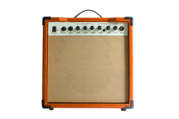 Orange Color Guitar Amplifier Sound System Front View Isolated White Background amplifier photos stock pictures, royalty-free photos & images