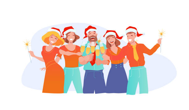 Office fun. Joyful business people in santa claus hats celebrate new year and christmas. Clinking glasses Joyful business people in santa claus hats celebrate new year and christmas. Office fun. Clinking glasses office parties stock illustrations