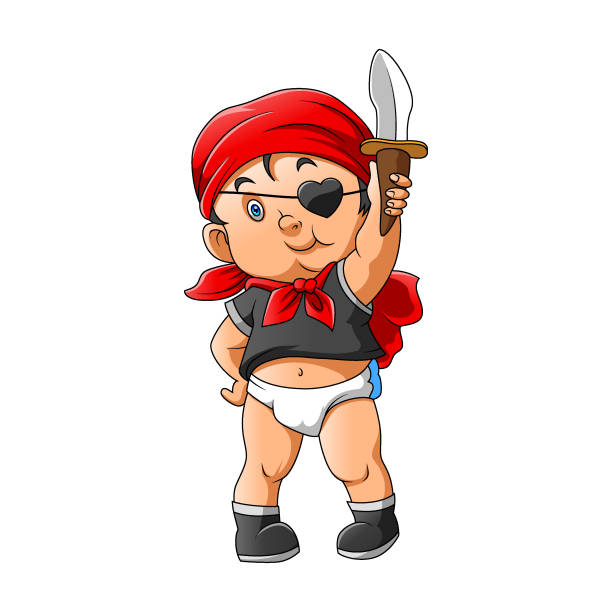 ilustraciones, imágenes clip art, dibujos animados e iconos de stock de el niño piratas sosteniendo la pequeña espada - baby pirate costume toddler