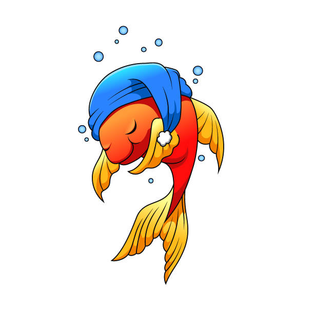 ilustraciones, imágenes clip art, dibujos animados e iconos de stock de el pequeño pez hermoso con el sombrero azul y dormir bajo el agua - princesa de anime